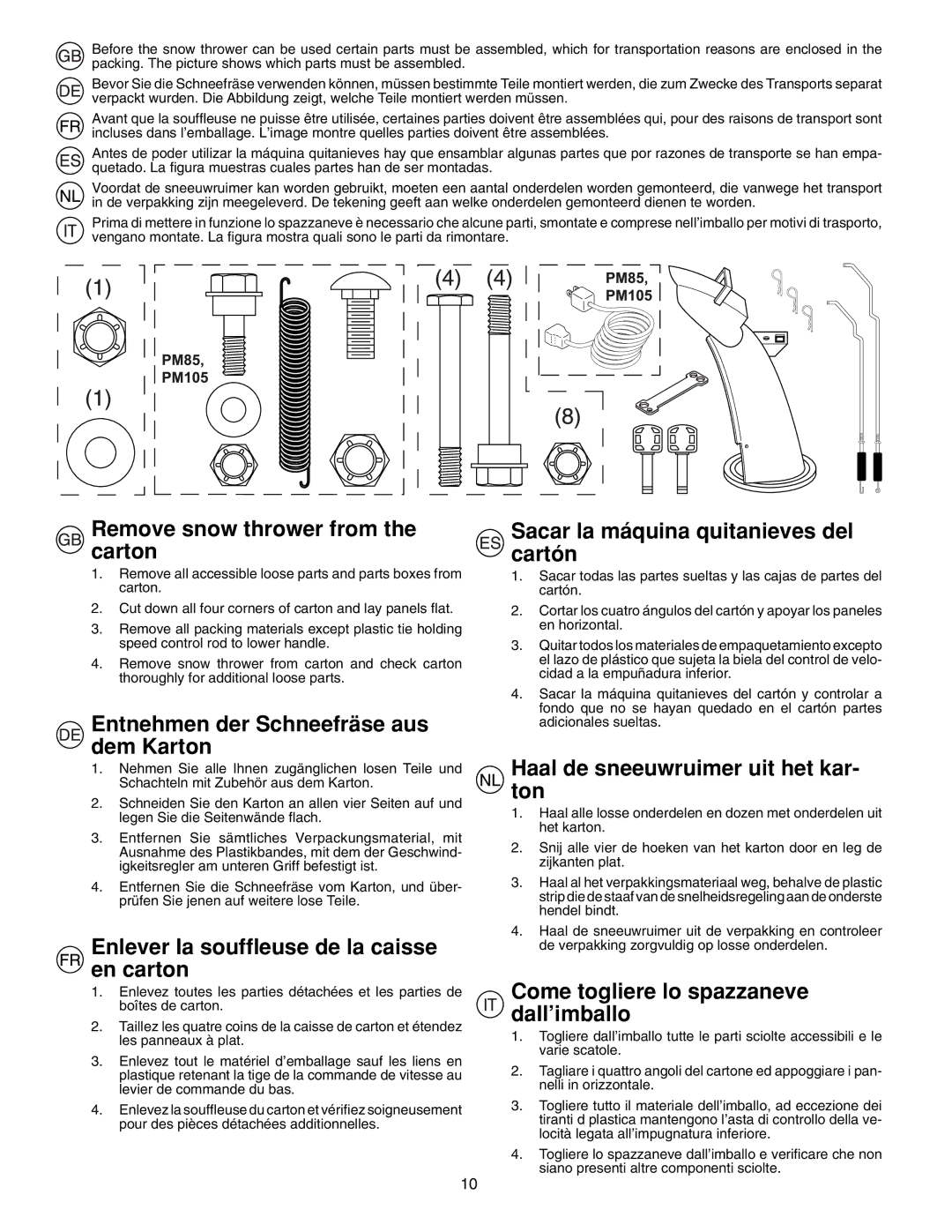 McCulloch PM85, PM55, PM105 instruction manual Remove snow thrower from the carton, Entnehmen der Schneefräse aus dem Karton 