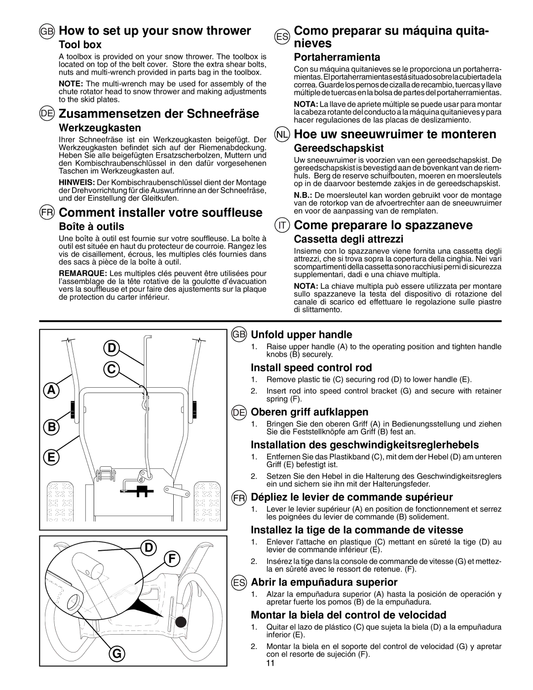 McCulloch PM105, PM55 How to set up your snow thrower, Zusammensetzen der Schneefräse, Comment installer votre soufﬂeuse 