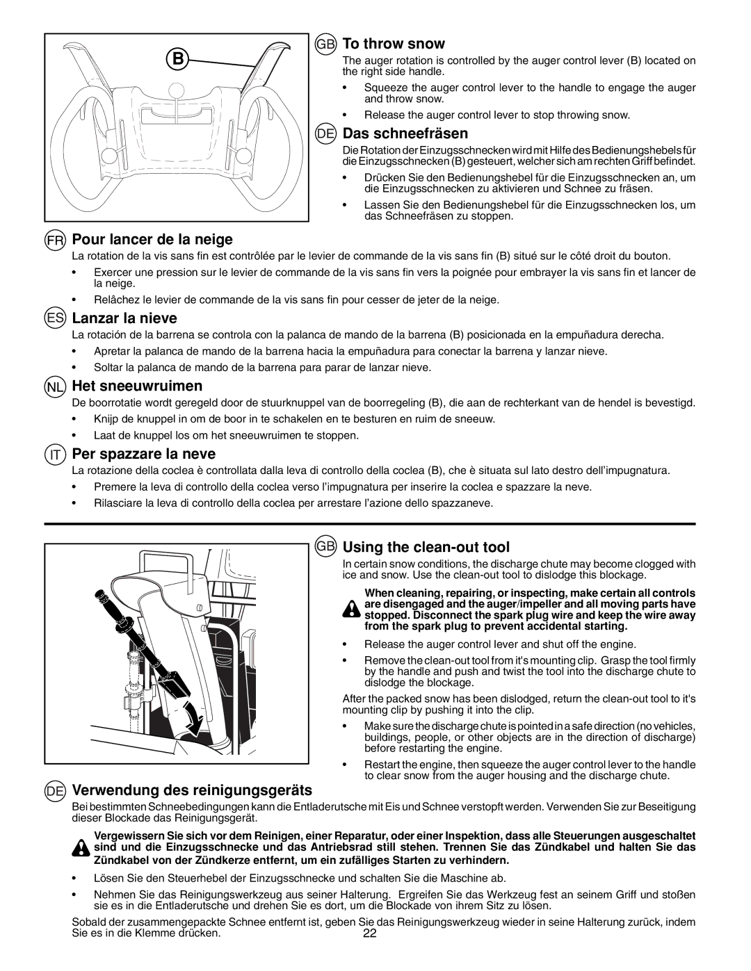 McCulloch PM85, PM55, PM105 To throw snow, Das schneefräsen, Pour lancer de la neige, Lanzar la nieve, Het sneeuwruimen 