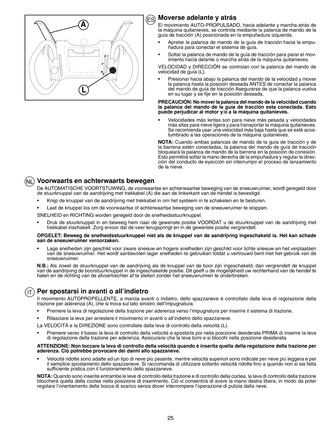 McCulloch PM85, PM55 Moverse adelante y atrás, Voorwaarts en achterwaarts bewegen, Per spostarsi in avanti o all’indietro 