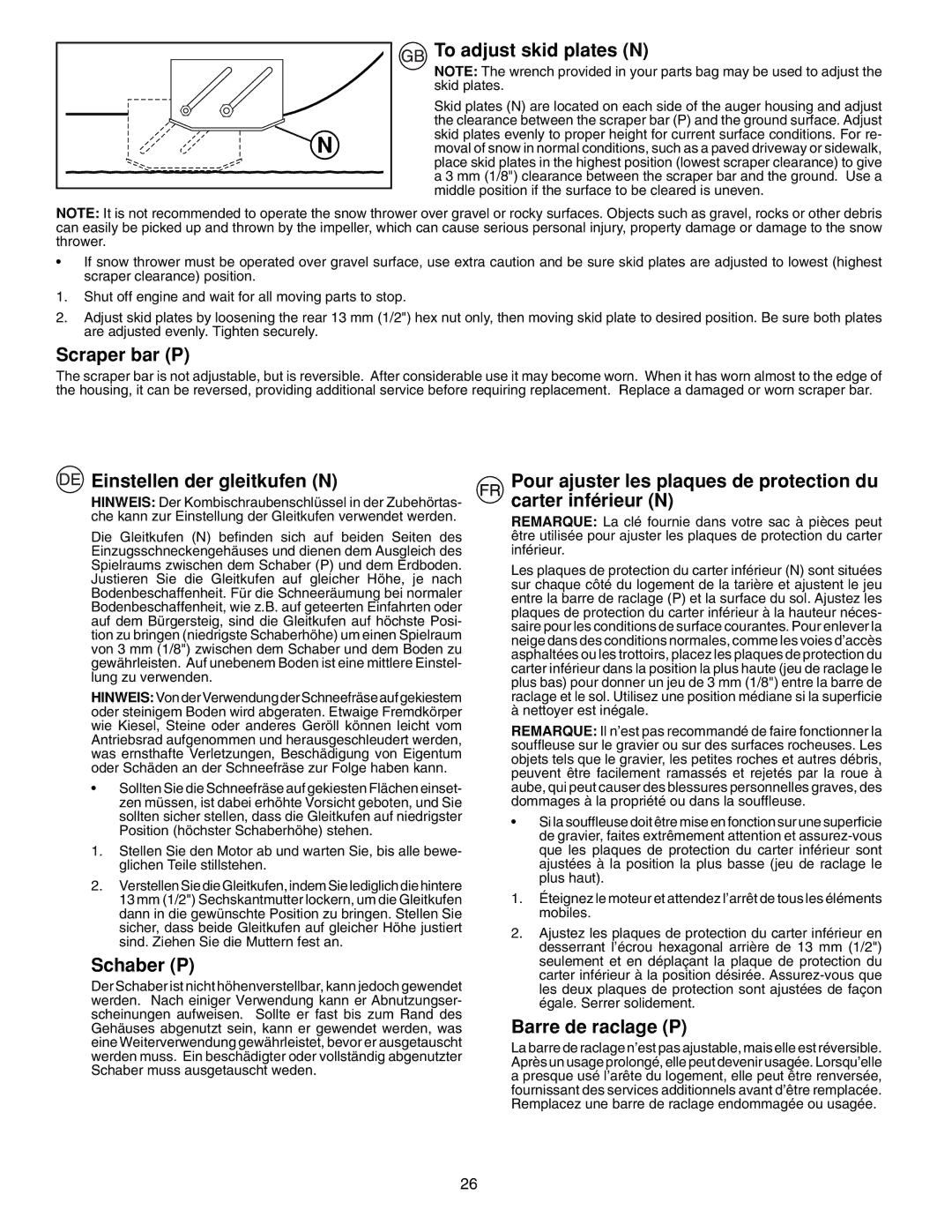 McCulloch PM105, PM55 To adjust skid plates N, Scraper bar P, Einstellen der gleitkufen N, Schaber P, Barre de raclage P 