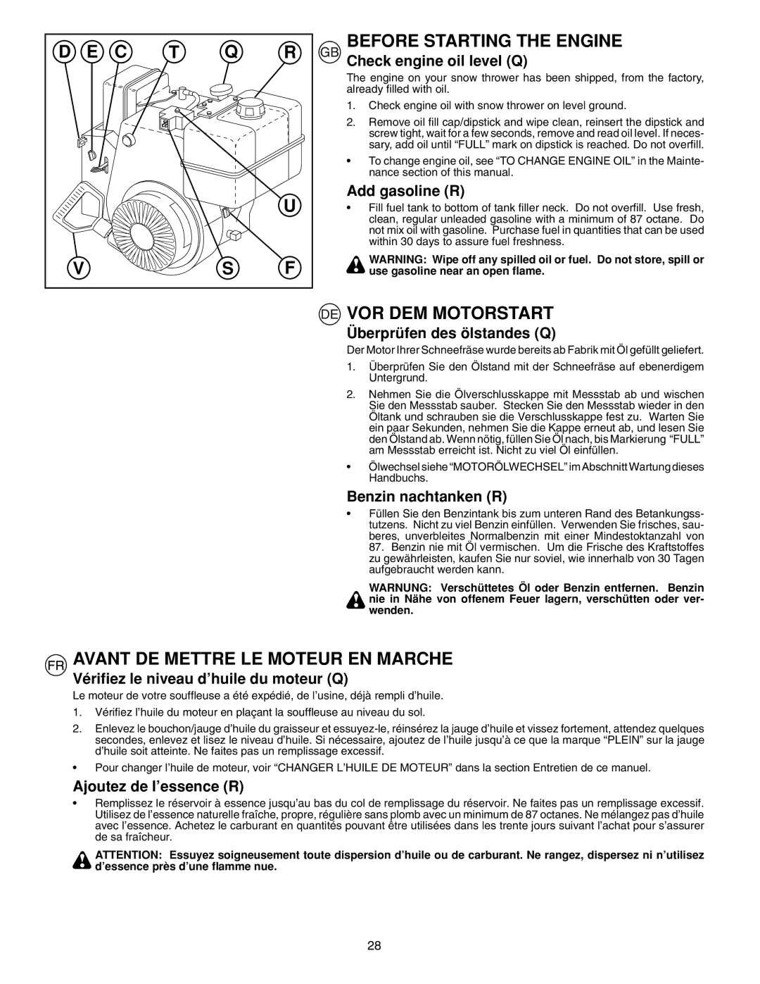 McCulloch PM85, PM55, PM105 instruction manual VOR DEM Motorstart, Avant DE Mettre LE Moteur EN Marche 