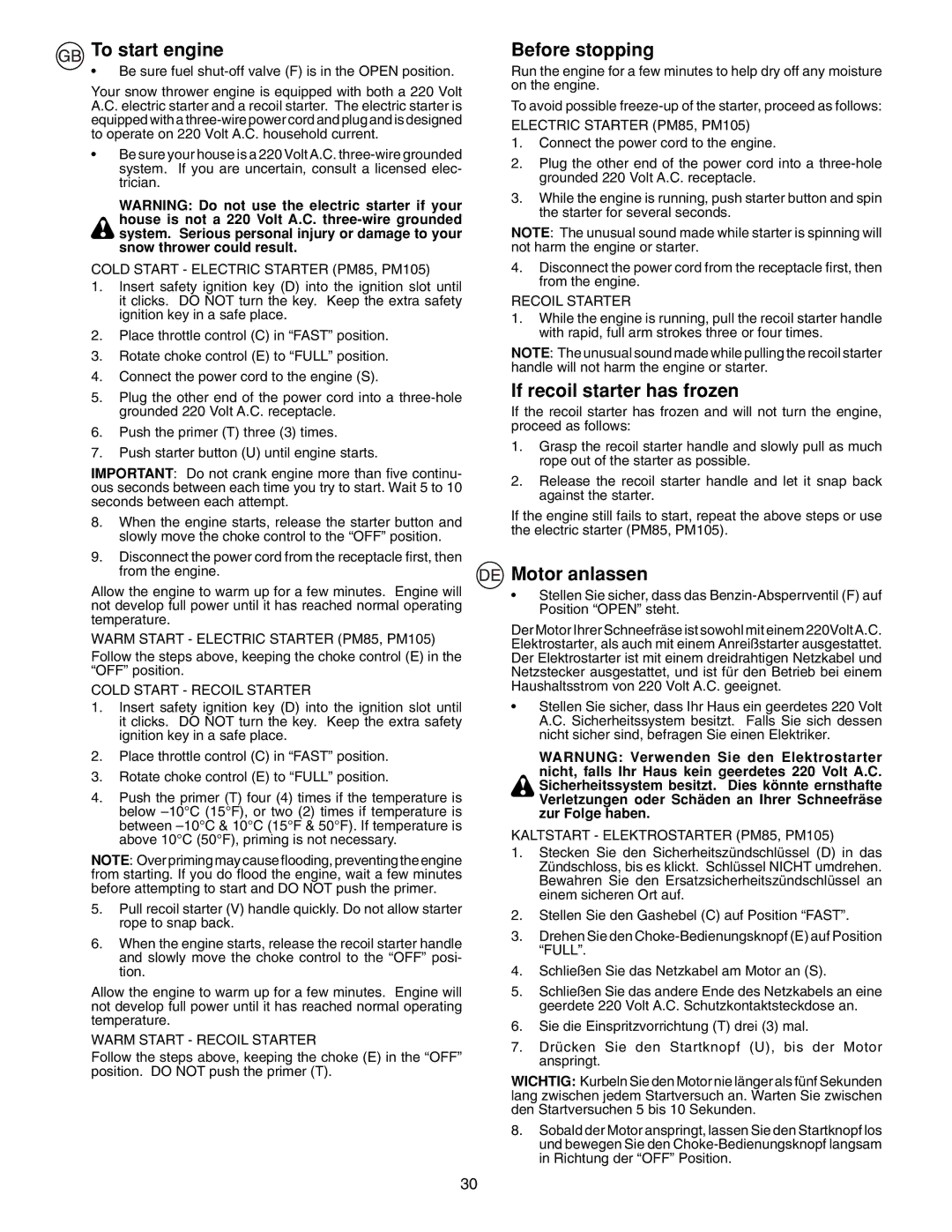 McCulloch PM55, PM85, PM105 instruction manual To start engine, Before stopping, If recoil starter has frozen, Motor anlassen 