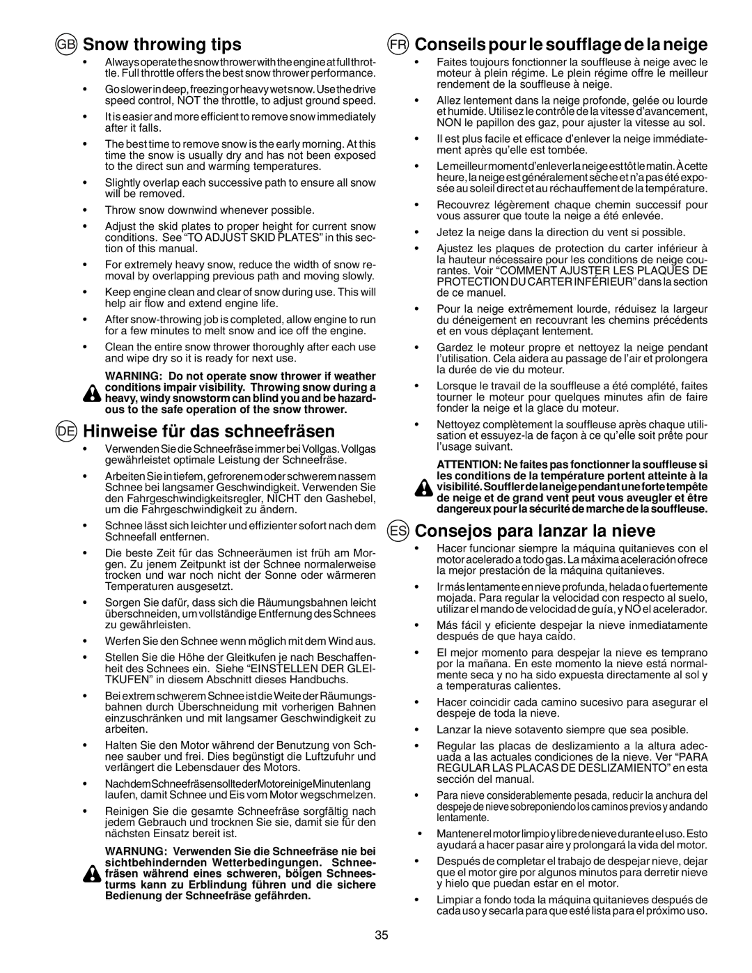 McCulloch PM105, PM55, PM85 Snow throwing tips, Hinweise für das schneefräsen, Conseils pour le soufﬂage de la neige 