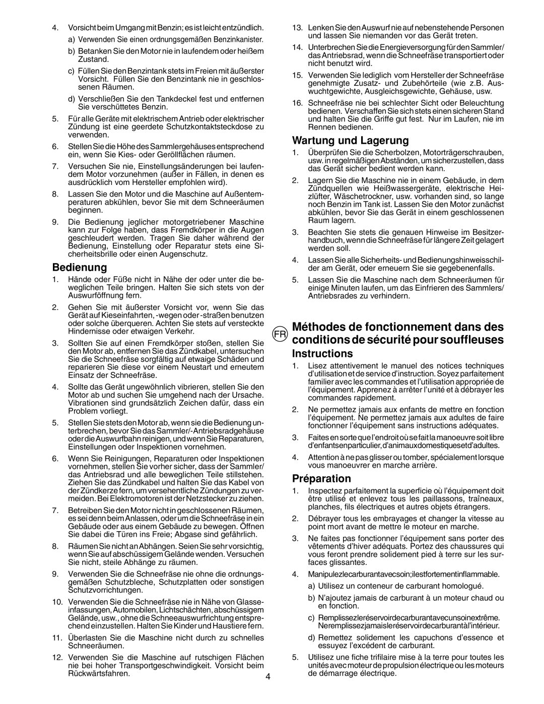 McCulloch PM85, PM55, PM105 instruction manual Bedienung, Wartung und Lagerung, Instructions, Préparation 