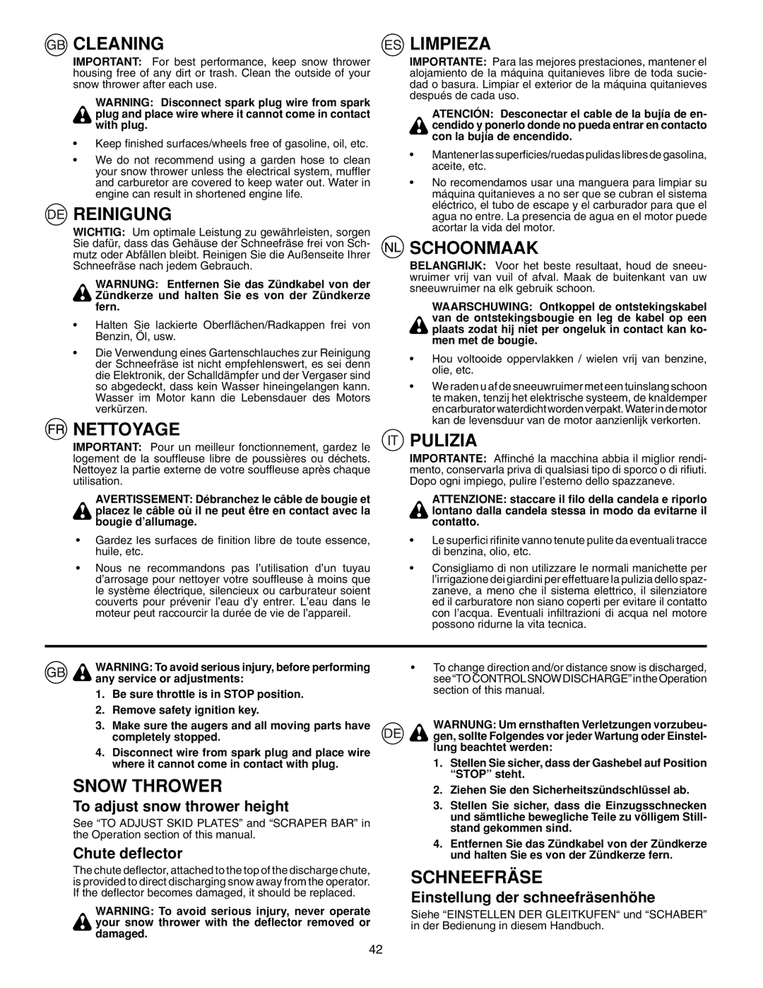 McCulloch PM55, PM85, PM105 Cleaning, Reinigung, Nettoyage, Limpieza, Schoonmaak, Pulizia, Snow Thrower, Schneefräse 