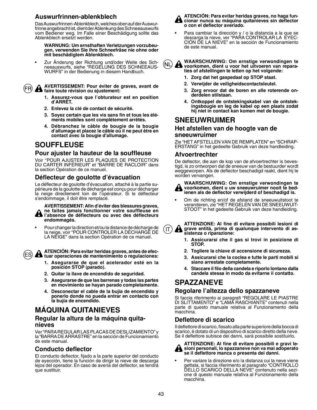 McCulloch PM85, PM55, PM105 instruction manual Souffleuse, Máquina Quitanieves, Sneeuwruimer, Spazzaneve 