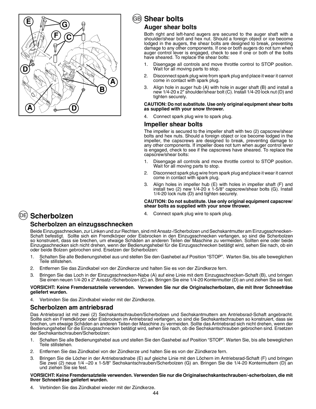 McCulloch PM105, PM55, PM85 instruction manual Shear bolts, Scherbolzen 