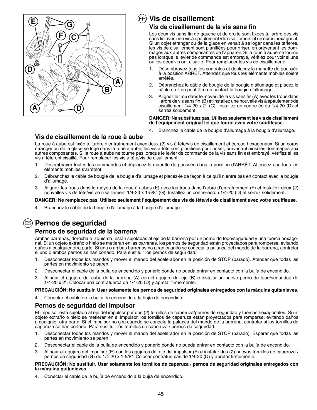 McCulloch PM55, PM85, PM105 instruction manual F C Vis de cisaillement, Pernos de seguridad 