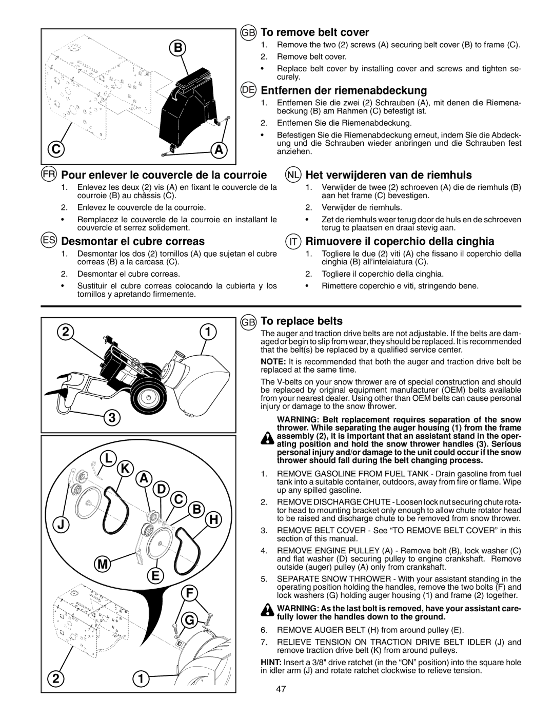 McCulloch PM105, PM55, PM85 To remove belt cover, Entfernen der riemenabdeckung, Pour enlever le couvercle de la courroie 