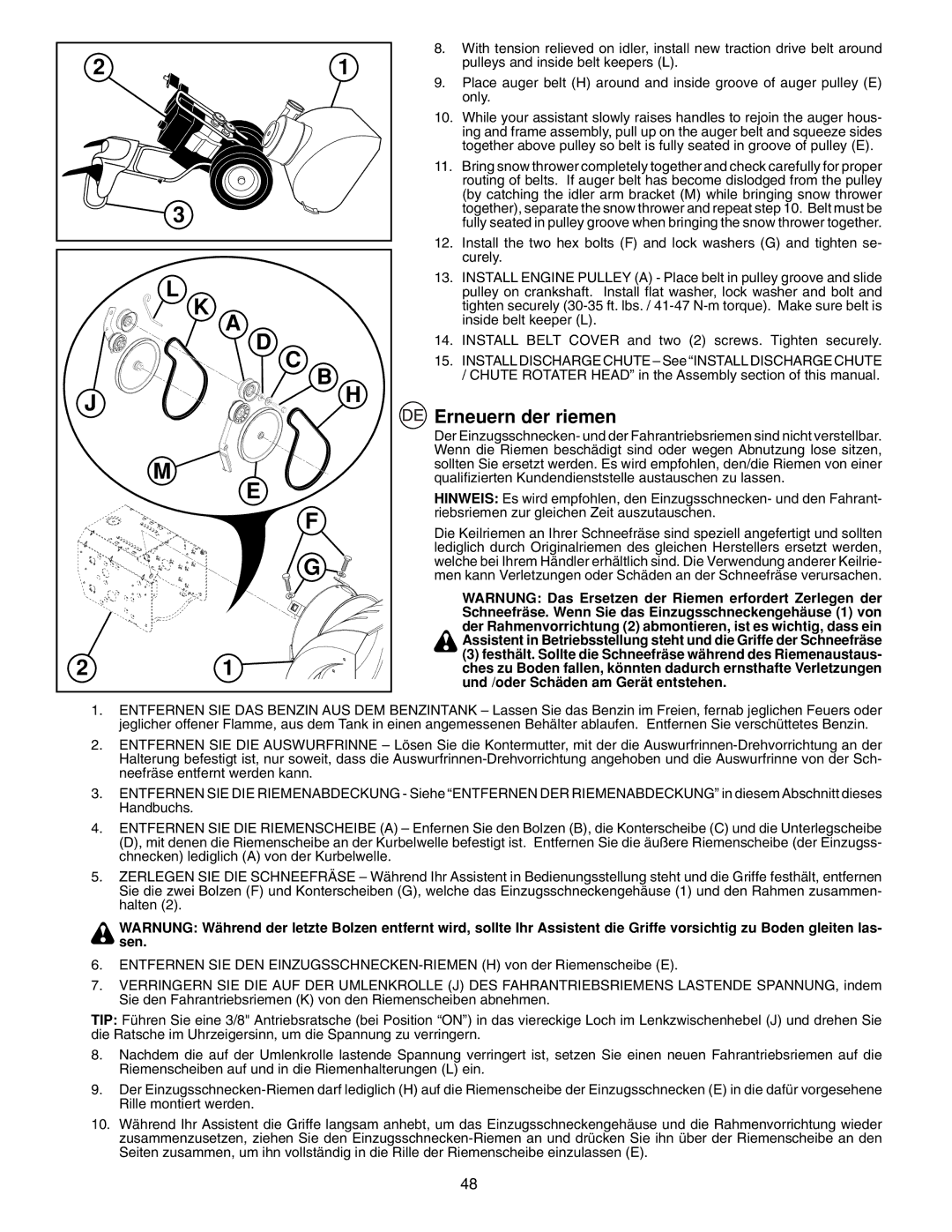 McCulloch PM55, PM85, PM105 instruction manual Erneuern der riemen 