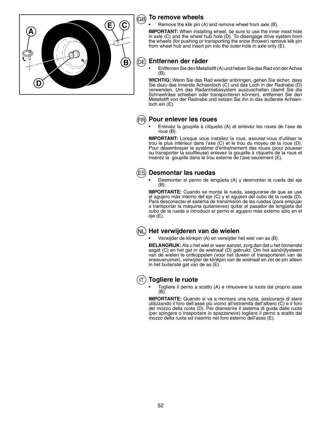 McCulloch PM85 To remove wheels, Entfernen der räder, Pour enlever les roues, Desmontar las ruedas, Togliere le ruote 