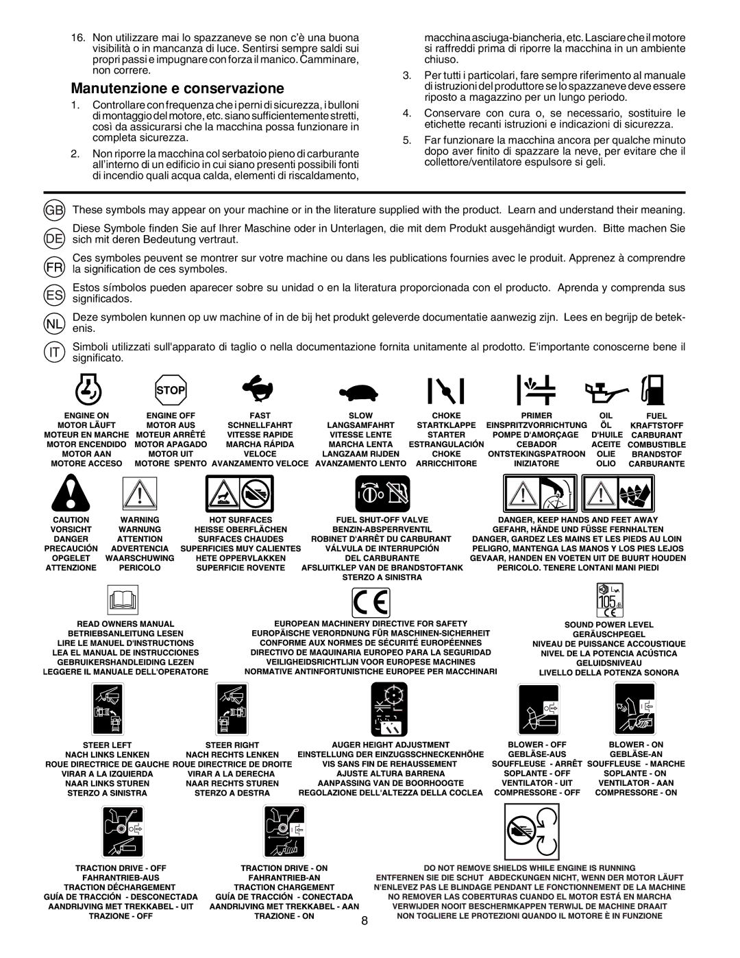 McCulloch PM105, PM55, PM85 instruction manual Manutenzione e conservazione 