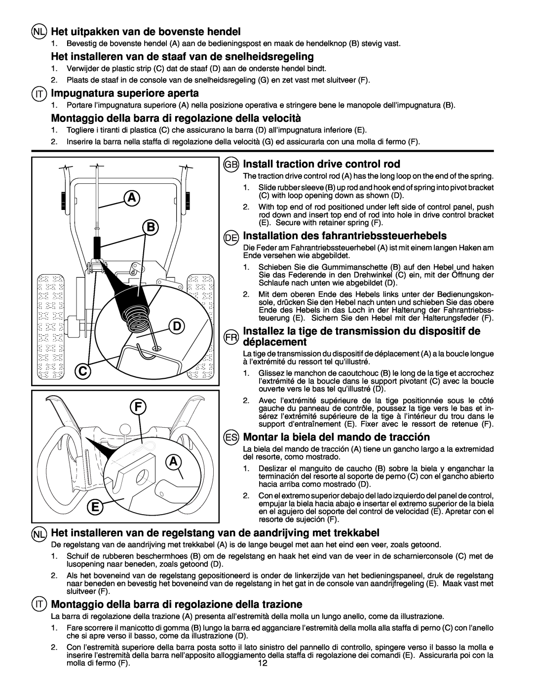 McCulloch PM55, PM85, PM105 instruction manual A B D C F, Het uitpakken van de bovenste hendel, Impugnatura superiore aperta 