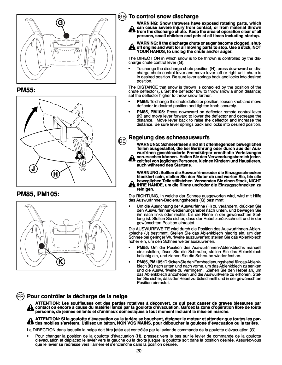 McCulloch instruction manual G PM55 J H PM85, PM105 K, To control snow discharge, Regelung des schneeauswurfs 