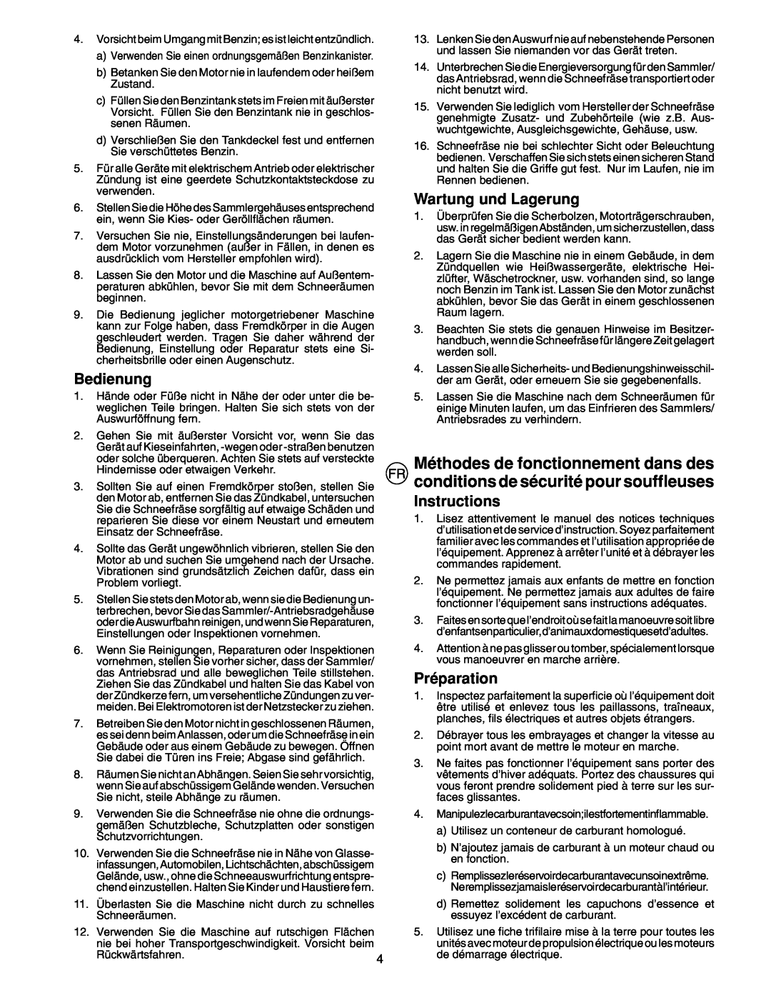 McCulloch PM85, PM55, PM105 instruction manual Bedienung, Wartung und Lagerung, Instructions, Préparation 