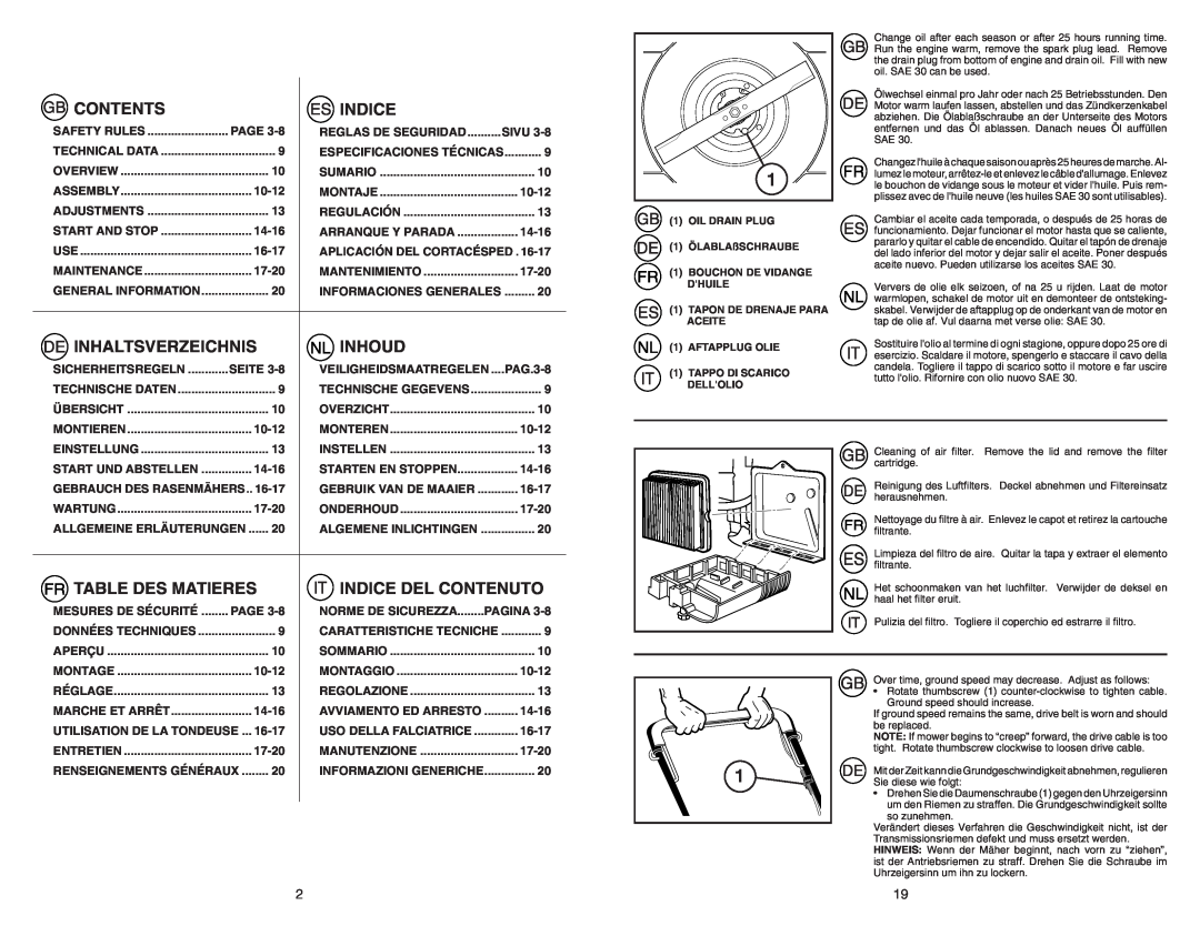 McCulloch PM6556D instruction manual Contents, Inhaltsverzeichnis, Inhoud, Table Des Matieres, Indice Del Contenuto 