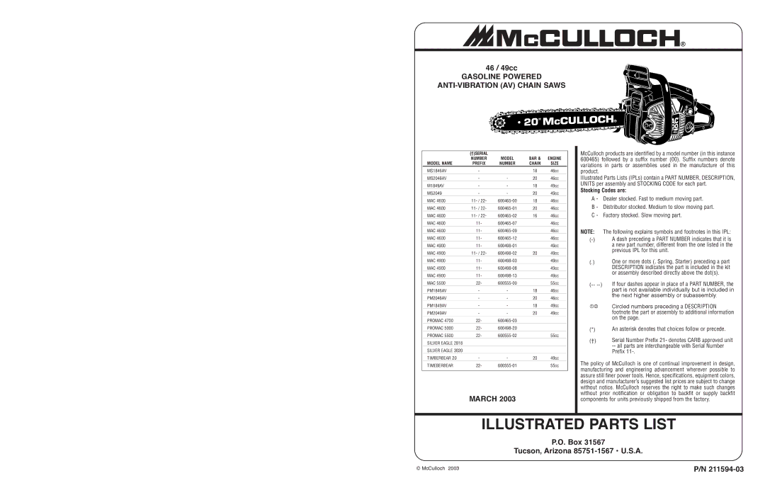 McCulloch POWERLITE-7000, POWERLITE-7300, POWERLITE-5000XB, ELP-3000, ELP-3500, ELP-3300 specifications Illustrated Parts List 