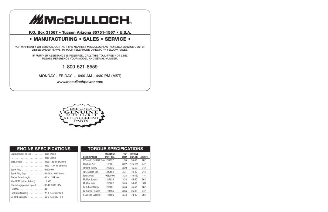 McCulloch POWERLITE-7000 Engine Specifications, Torque Specifications, Fastener Torque Description IN/LBS Loctite 