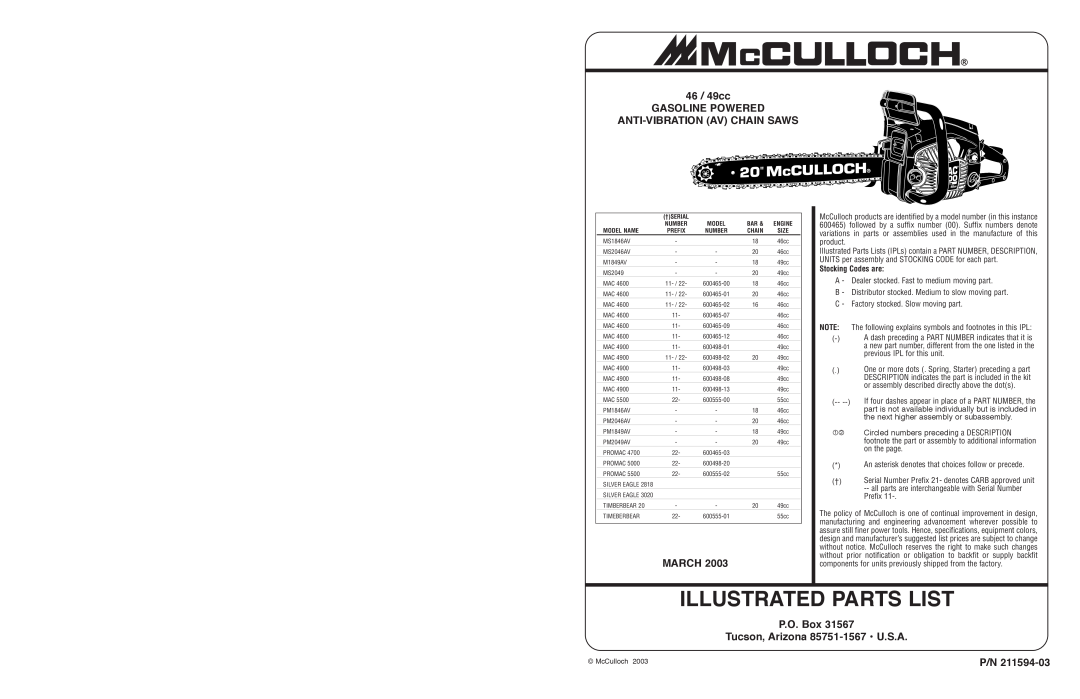 McCulloch POWERLITE-7000 specifications Illustrated Parts List, 46 / 49cc GASOLINE POWERED ANTI-VIBRATION AV CHAIN SAWS 
