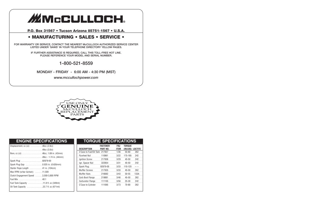 McCulloch POWERLITE-7000 Engine Specifications, Torque Specifications, Manufacturing Sales Service, Genuine, Use Only 