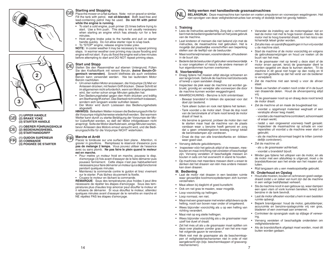 McCulloch PRE5553 Starting and Stopping, Veilig werken met handbediende grasmaaimachines, Start und Stopp, Marche et Arrêt 