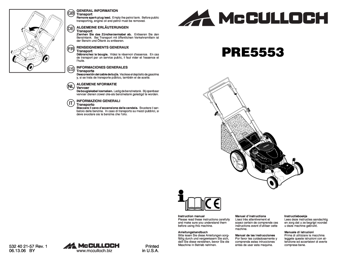 McCulloch PRE5553 instruction manual 532 40 21-57 Rev, 06.13.06 BY, in U.S.A 