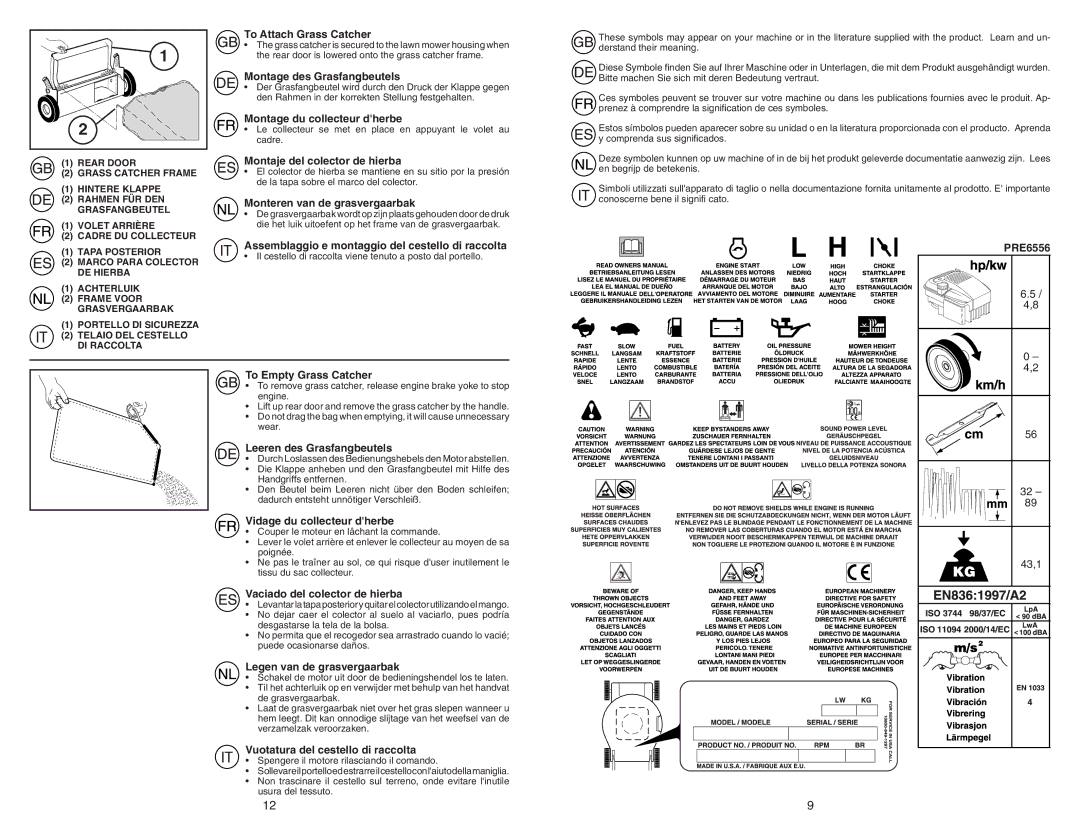 McCulloch PRE6556 instruction manual To Attach Grass Catcher, Montage des Grasfangbeutels, Montage du collecteur dherbe 