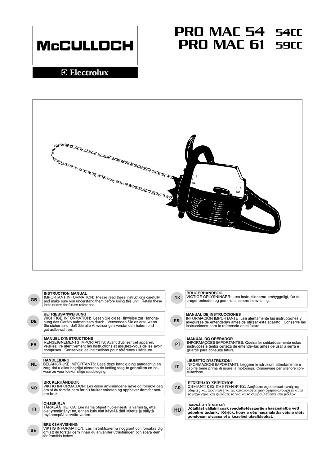 McCulloch PRO MAC 61 59CC, PRO MAC 54 54CC manual PRO MAC 54 PRO MAC 