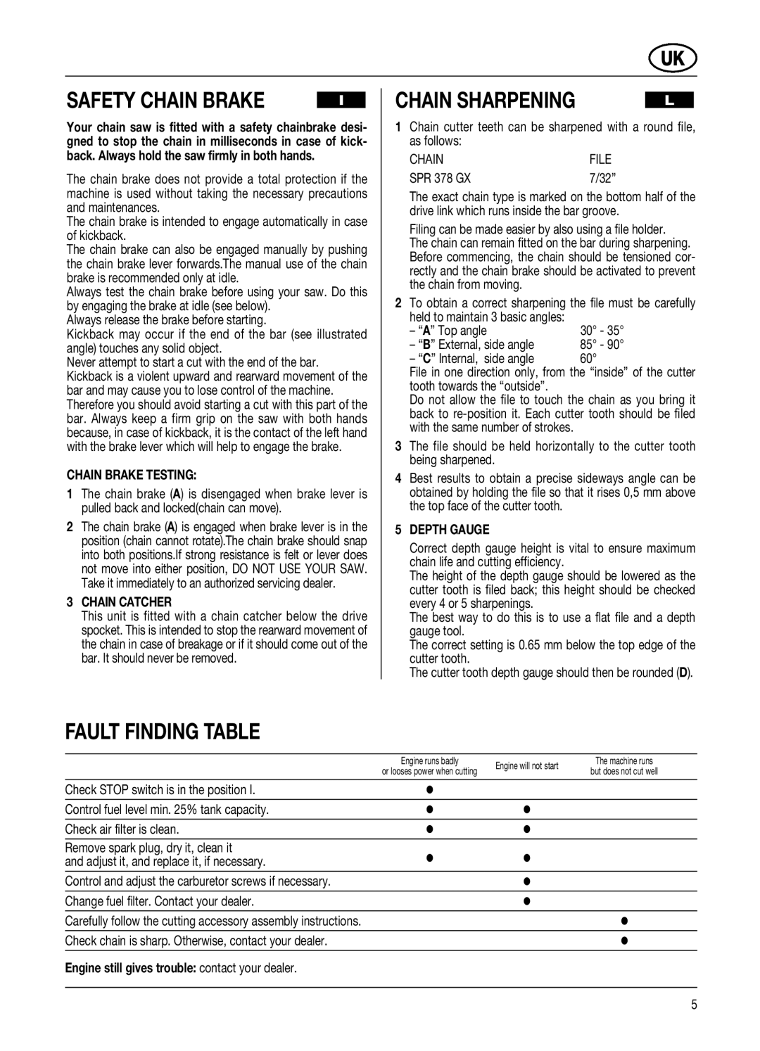 McCulloch PRO MAC 54 54CC, PRO MAC 61 59CC manual Safety Chain Brake, Chain Sharpening, Fault Finding Table 