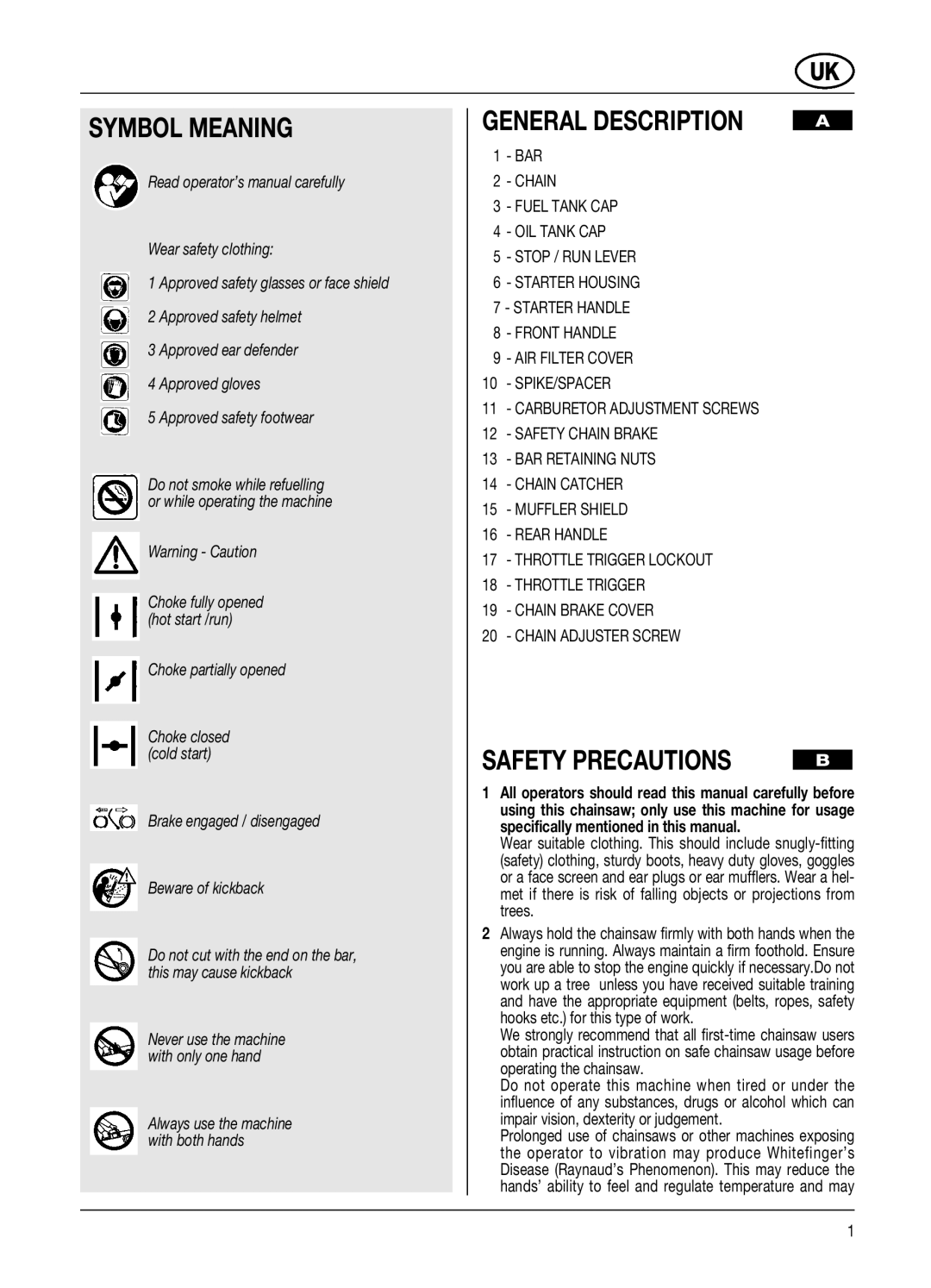 McCulloch PRO MAC 54 54CC, PRO MAC 61 59CC manual Symbol Meaning, General Description, Safety Precautions, Bar 