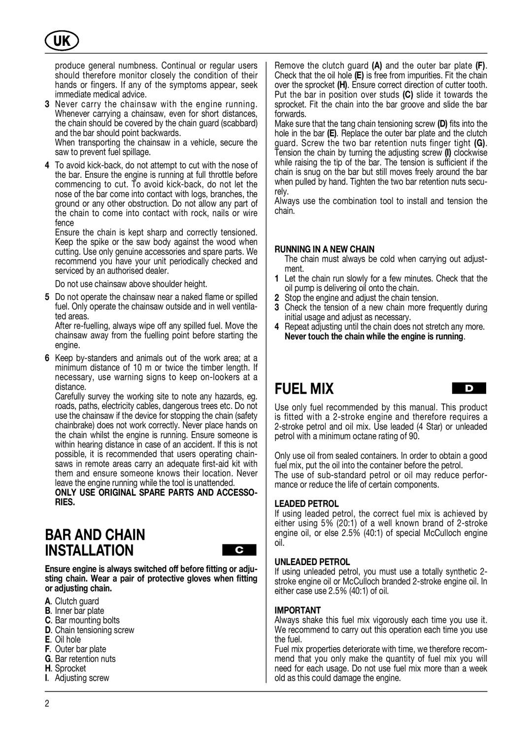 McCulloch PRO MAC 61 59CC, PRO MAC 54 54CC manual BAR and Chain Installationc, Fuel MIX 