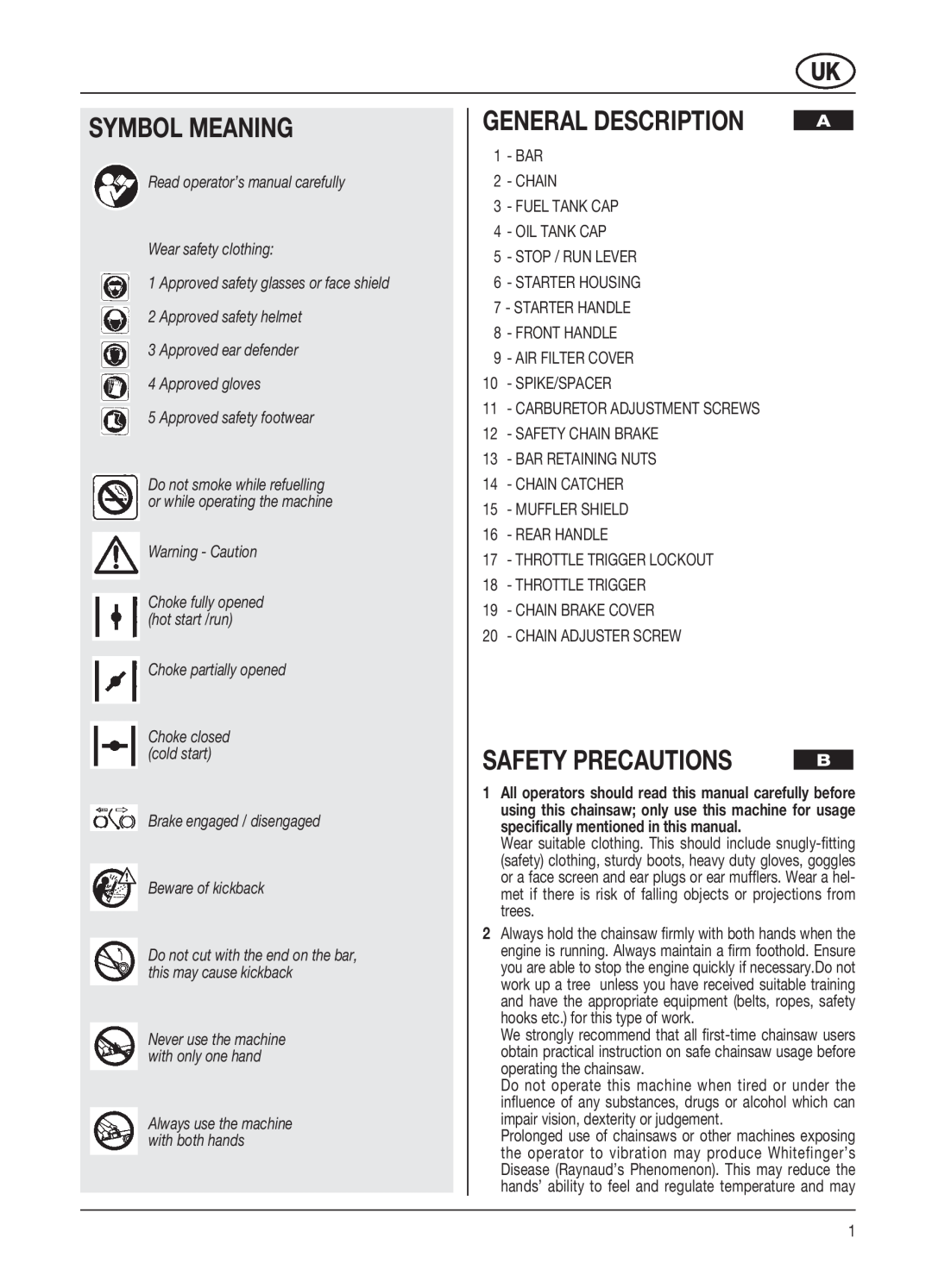 McCulloch PRO MAC 54 54CC, PRO MAC 61 59CC manual Symbol Meaning, General Description, Safety Precautions, Warning - Caution 