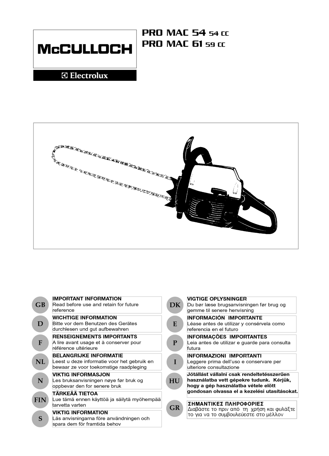 McCulloch manual PRO MAC 54 54 CC PRO MAC 61 59 CC 