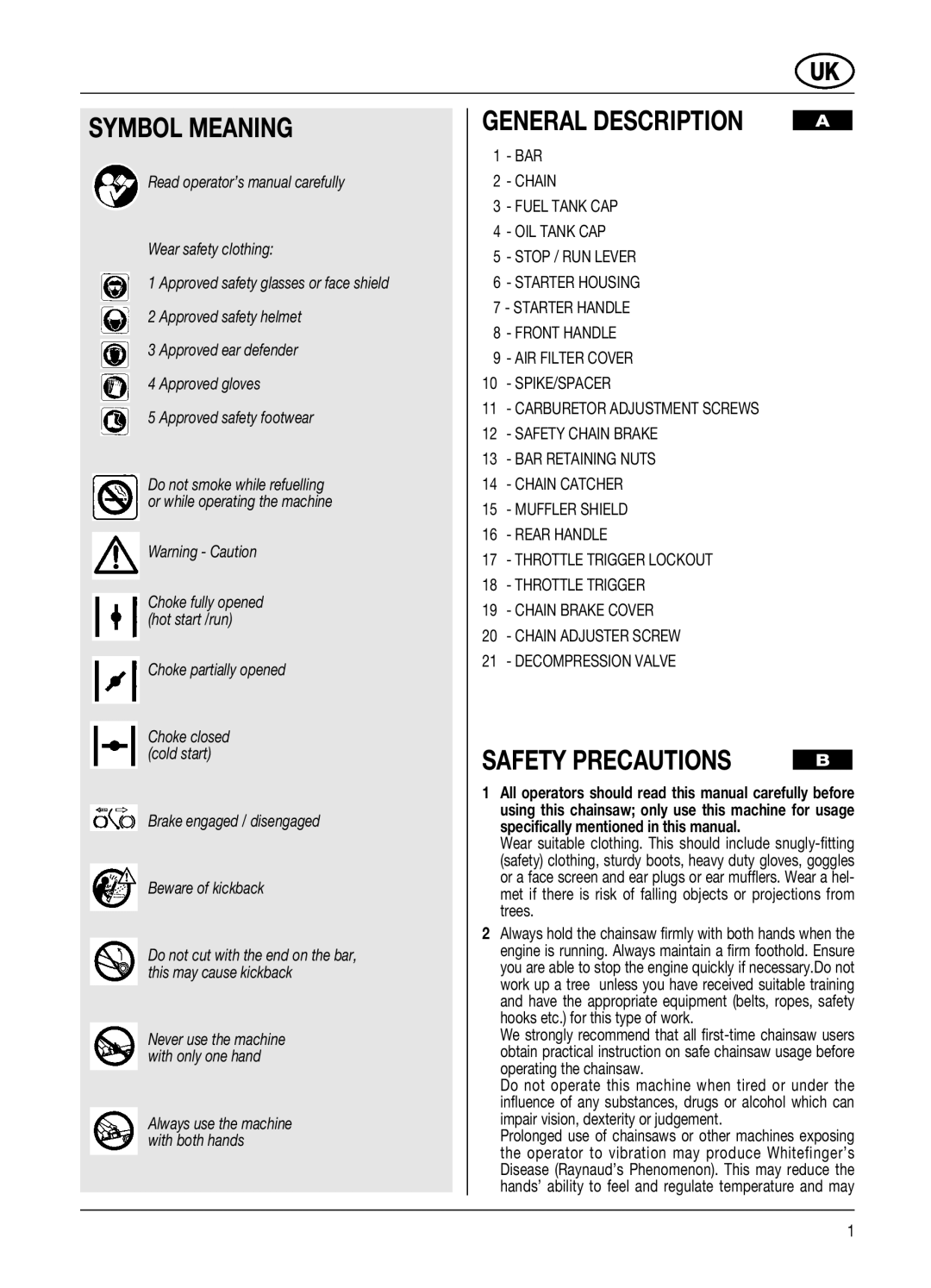 McCulloch PRO MAC 61 59 CC, PRO MAC 54 54 CC manual Symbol Meaning, General Description, Safety Precautions, Bar 