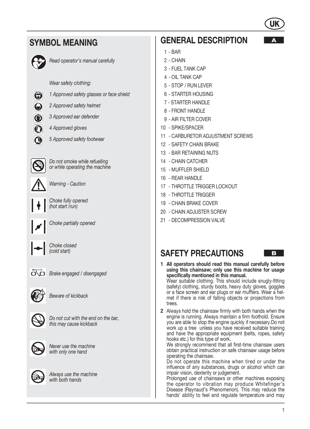McCulloch PRO MAC 61 59 CC, PRO MAC 54 54 CC Symbol Meaning, General Description, Safety Precautions, Warning - Caution 