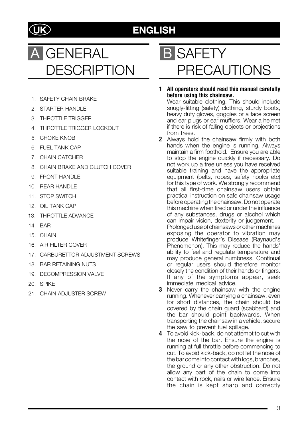 McCulloch PRO MAC 72 manual Ukenglish, B Safety Precautions, A General Description 