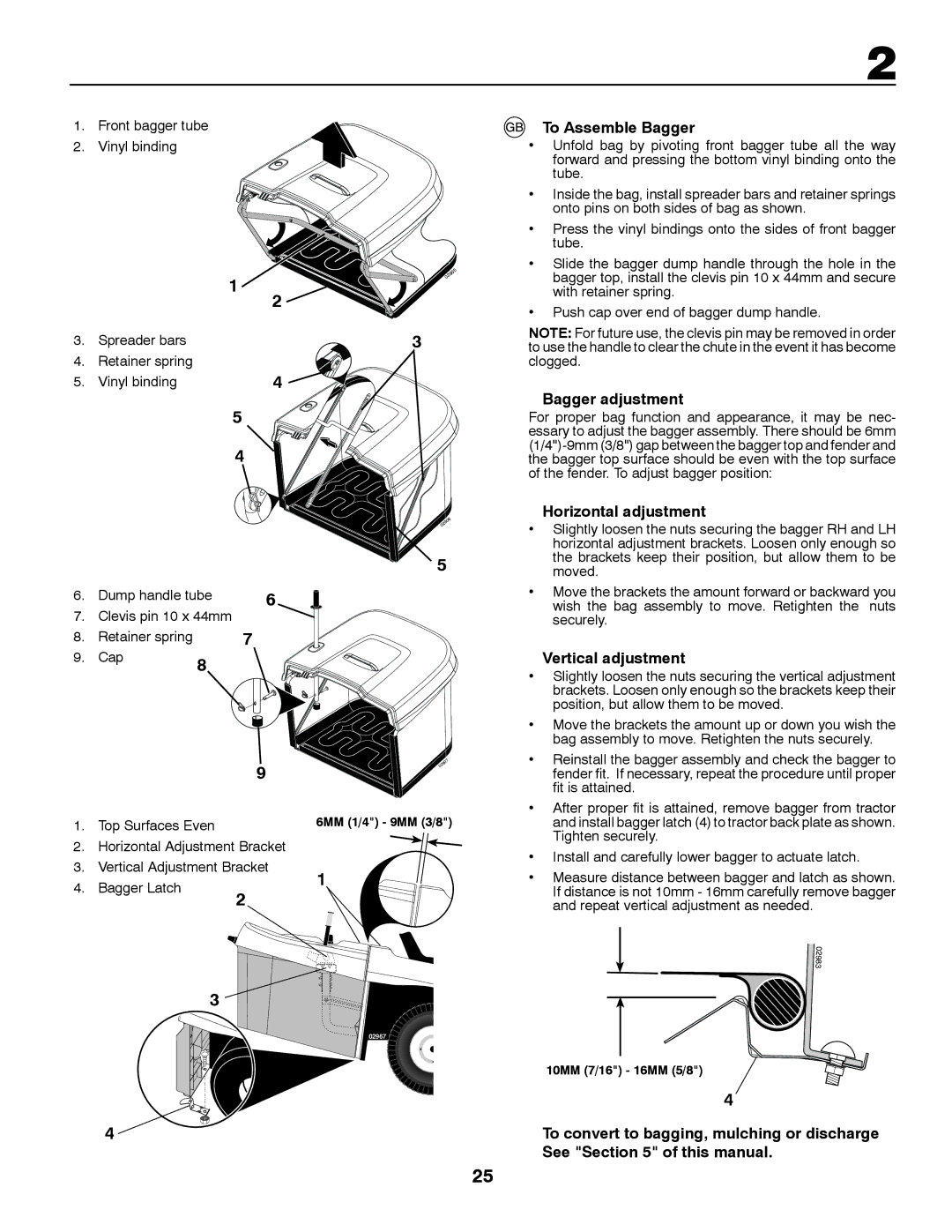 McCulloch P13592RB, RB135B92, LZ13592RBK To Assemble Bagger, Bagger adjustment, Horizontal adjustment, Vertical adjustment 