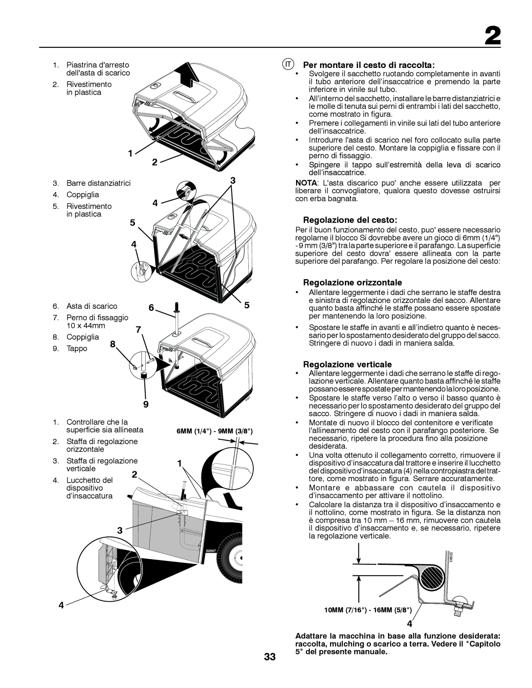 McCulloch M13592RB Per montare il cesto di raccolta, Regolazione del cesto, Regolazione orizzontale, Regolazione verticale 