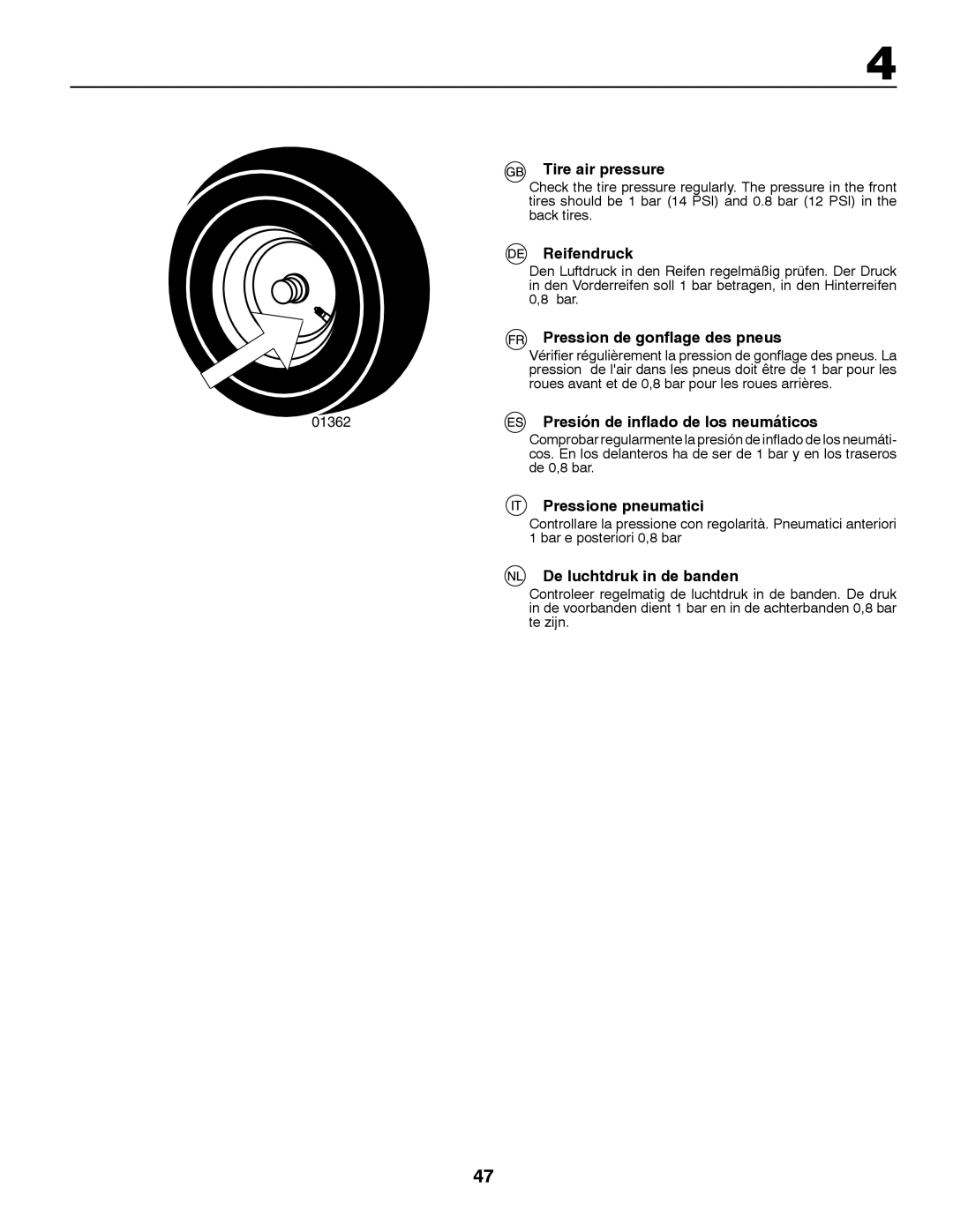 McCulloch PF1292RB Tire air pressure, Reifendruck, Pression de gonflage des pneus, Presión de inflado de los neumáticos 