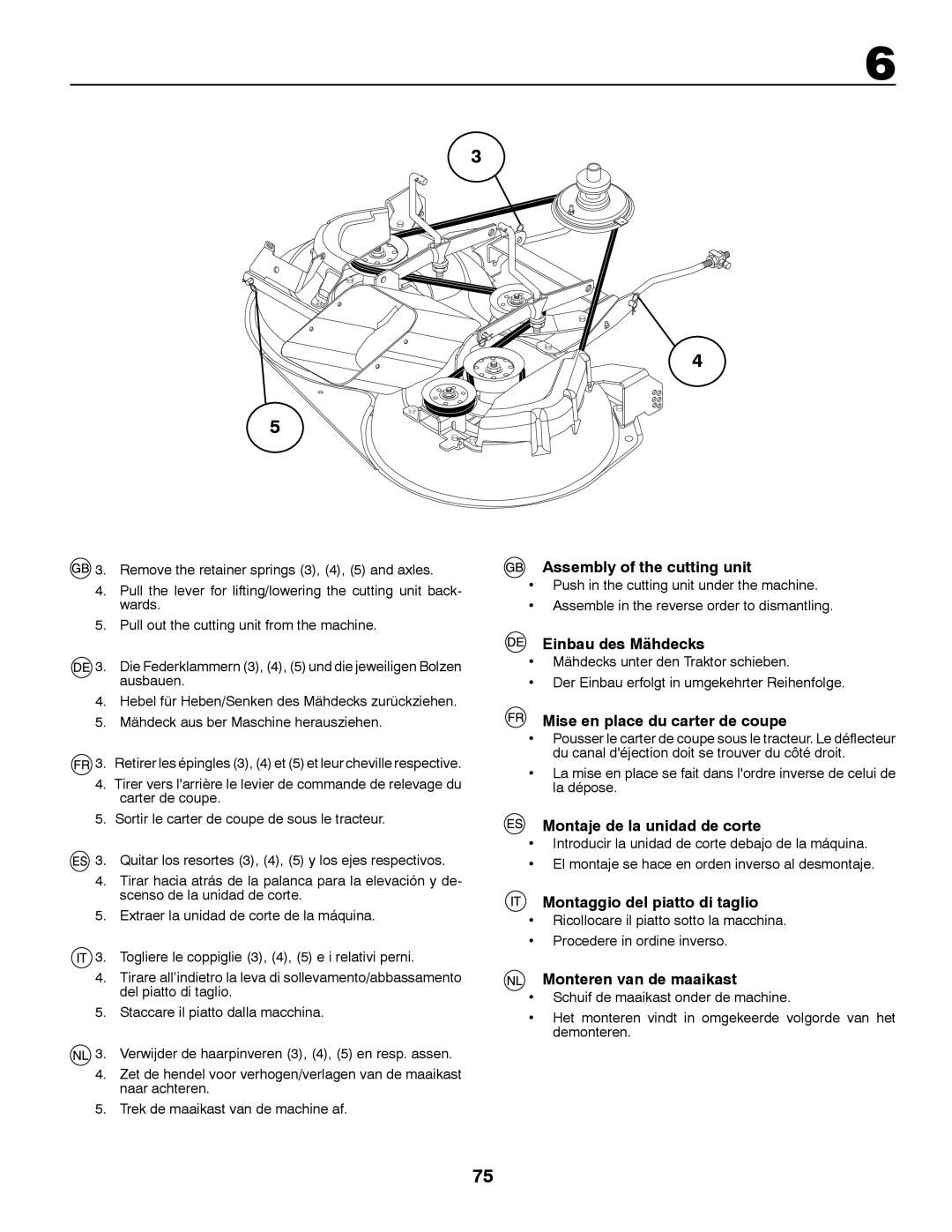 McCulloch REN11592RB, RB135B92 Assembly of the cutting unit, Einbau des Mähdecks, Mise en place du carter de coupe 