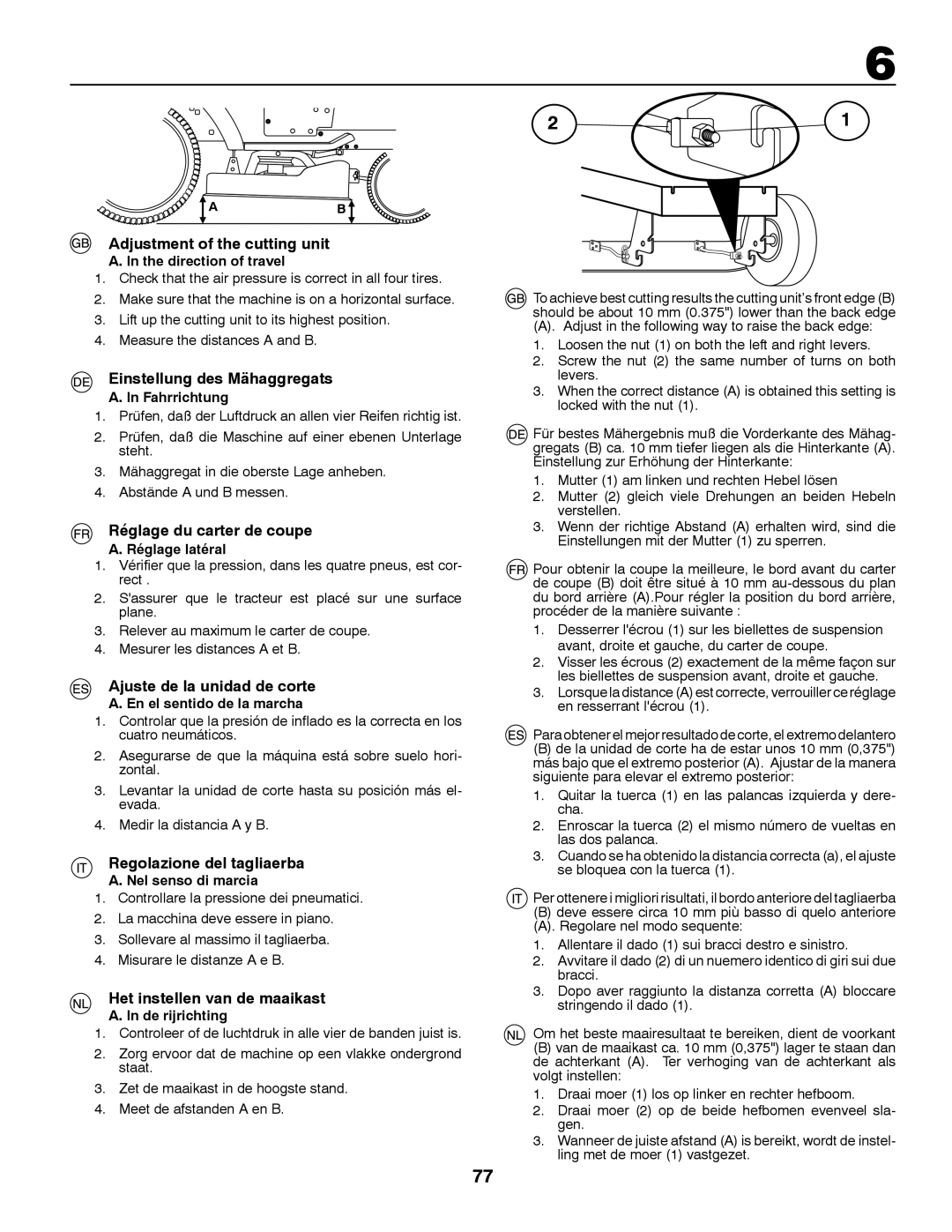 McCulloch P13592RB, RB135B92 Adjustment of the cutting unit, Einstellung des Mähaggregats, Réglage du carter de coupe 