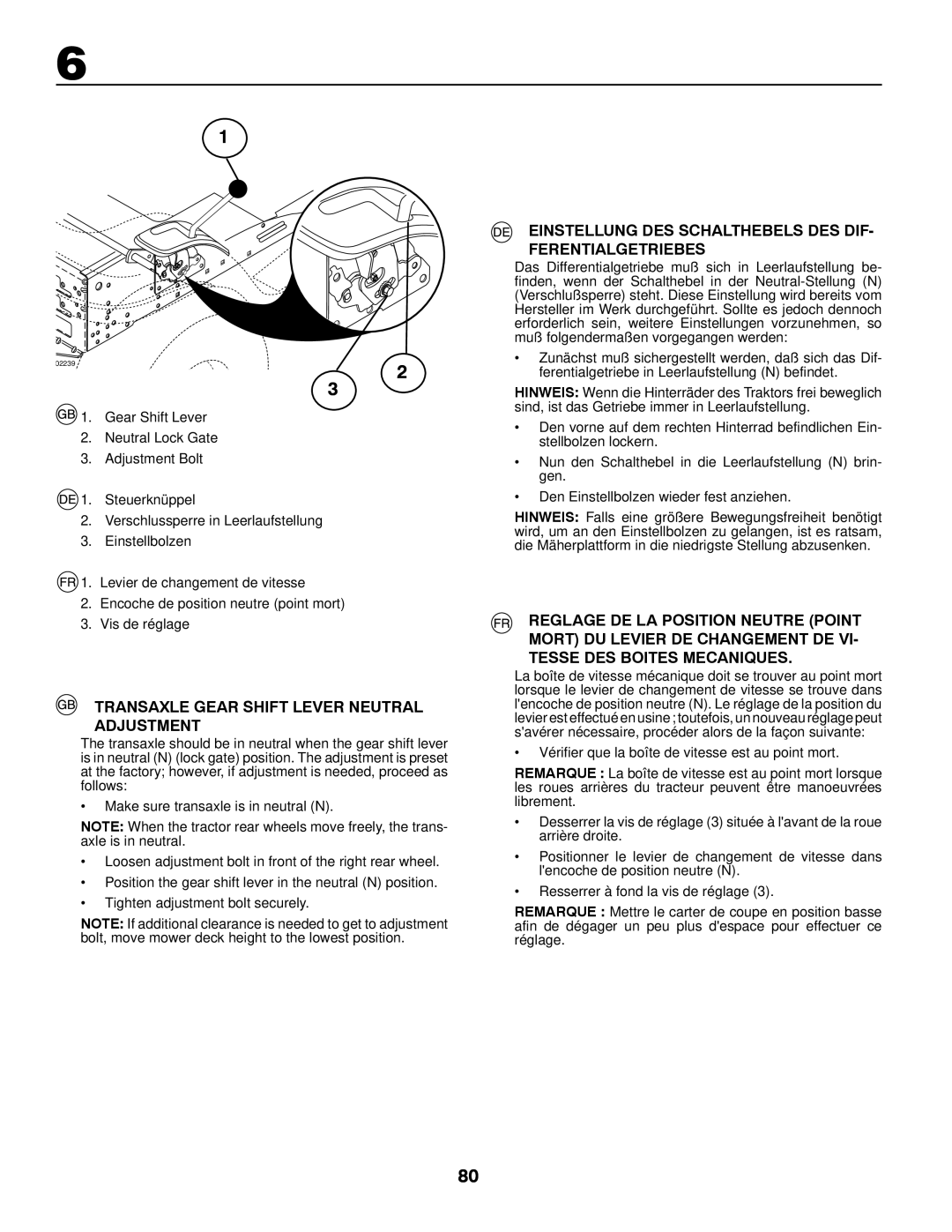 McCulloch LZ1292RB Transaxle Gear Shift Lever Neutral Adjustment, Einstellung DES Schalthebels DES DIF- Ferentialgetriebes 