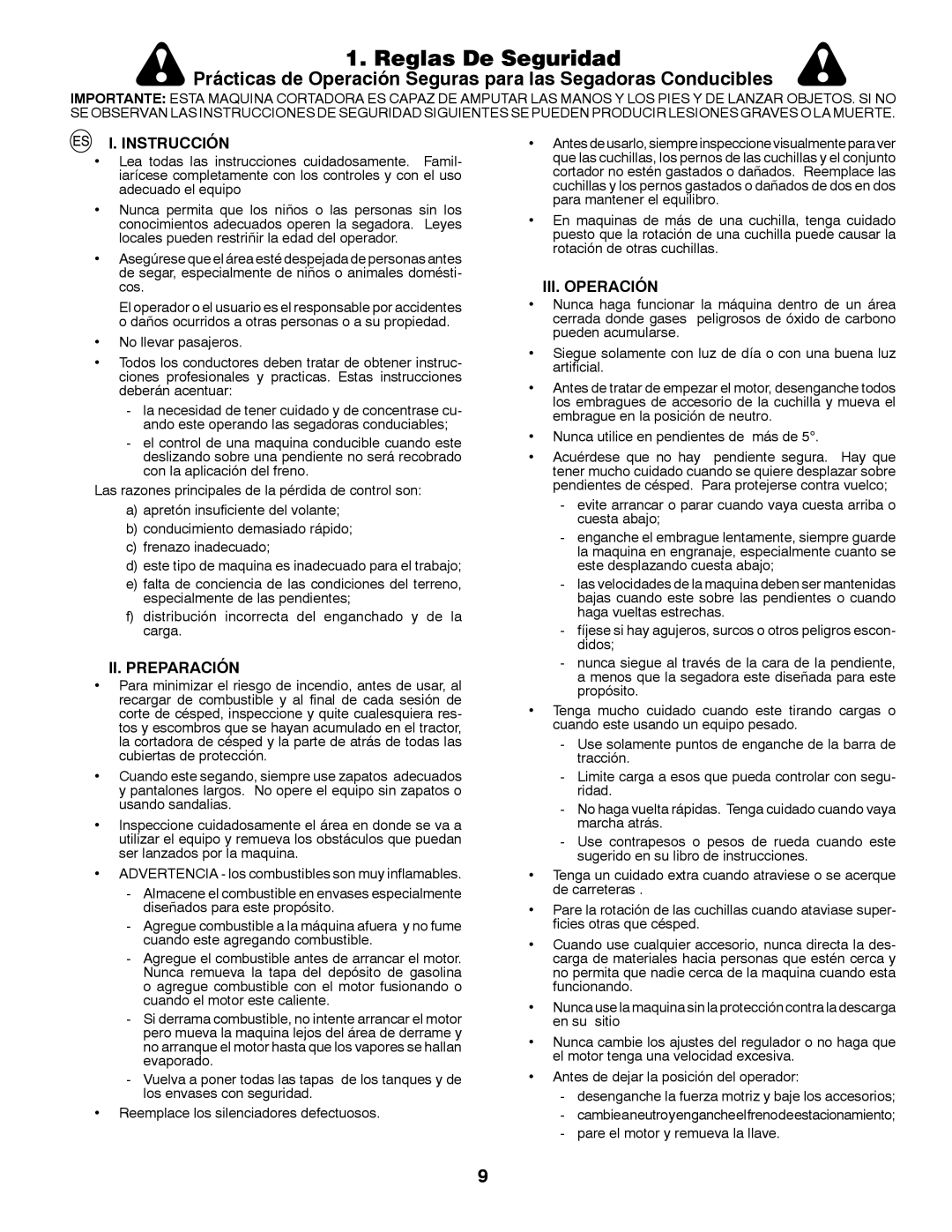 McCulloch P12592RB, RB135B92, LZ13592RBK, LZ1292RB Reglas De Seguridad, Instrucción, II. Preparación, III. Operación 