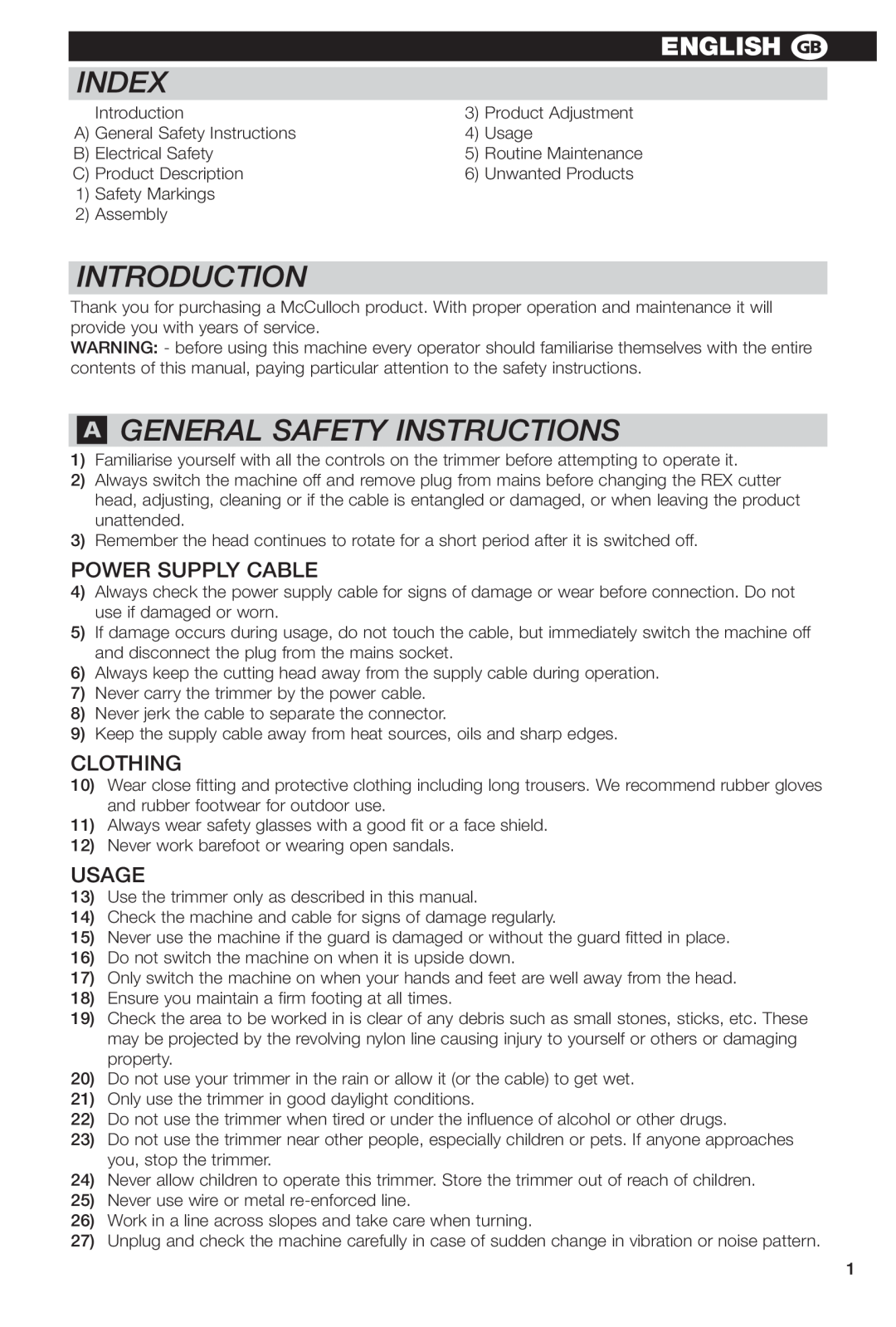 McCulloch REX 700, REX 500, REX 450 manual Index, Introduction, Qgeneral Safety Instructions, ENGLISH g 