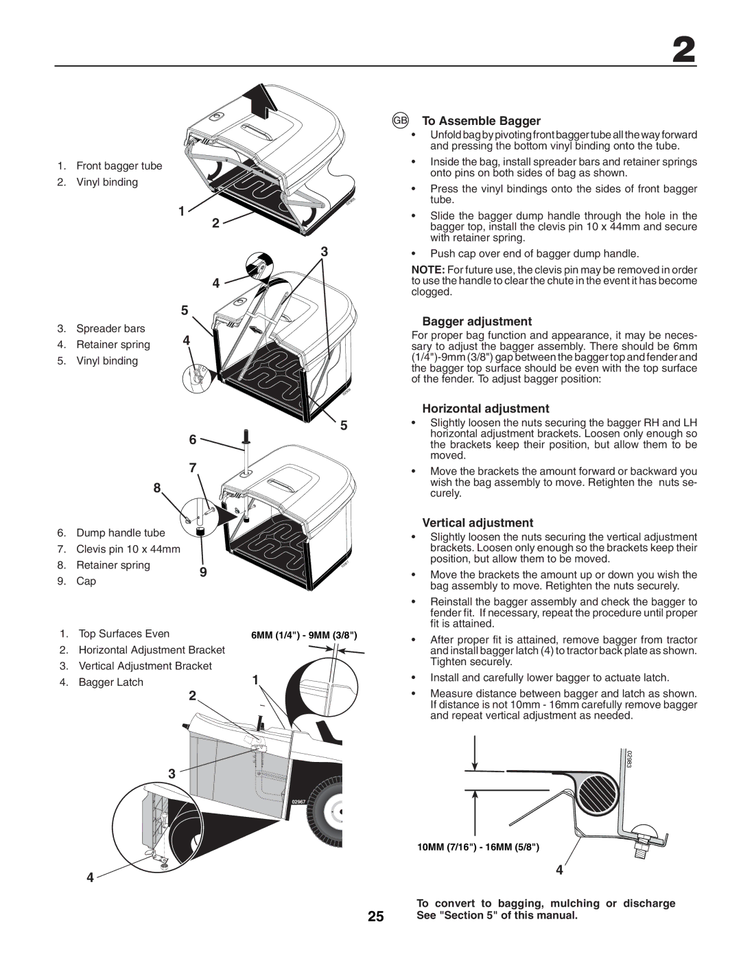 McCulloch UN145H92RBK, M13592HRB To Assemble Bagger, Bagger adjustment, Horizontal adjustment, Vertical adjustment 