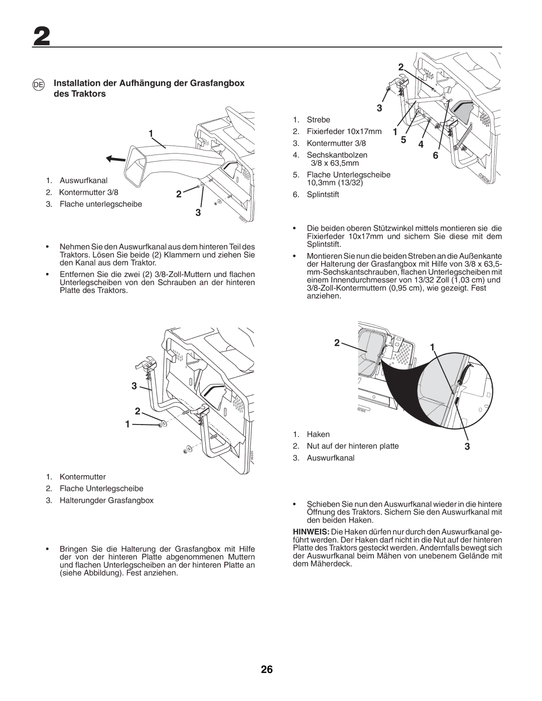 McCulloch M13592HRB, UN145H92RBK, LZ145H92RBK, M1359HRB, RE145H92RBK Installation der Aufhängung der Grasfangbox des Traktors 