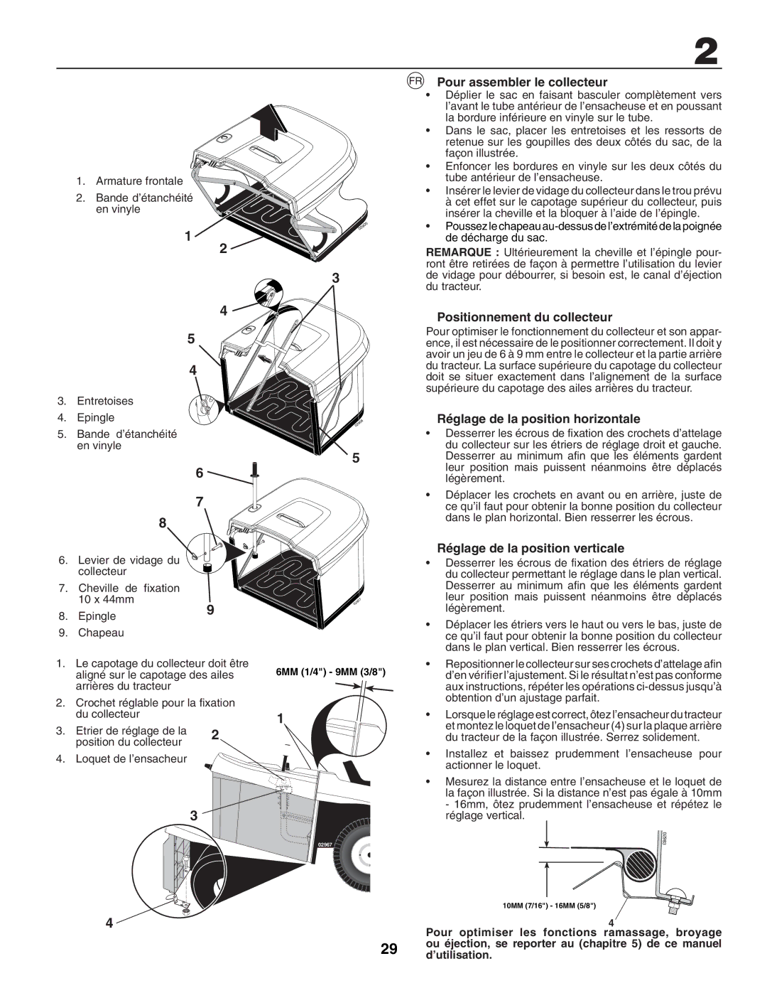 McCulloch RE145H92RBK Pour assembler le collecteur, Positionnement du collecteur, Réglage de la position horizontale 