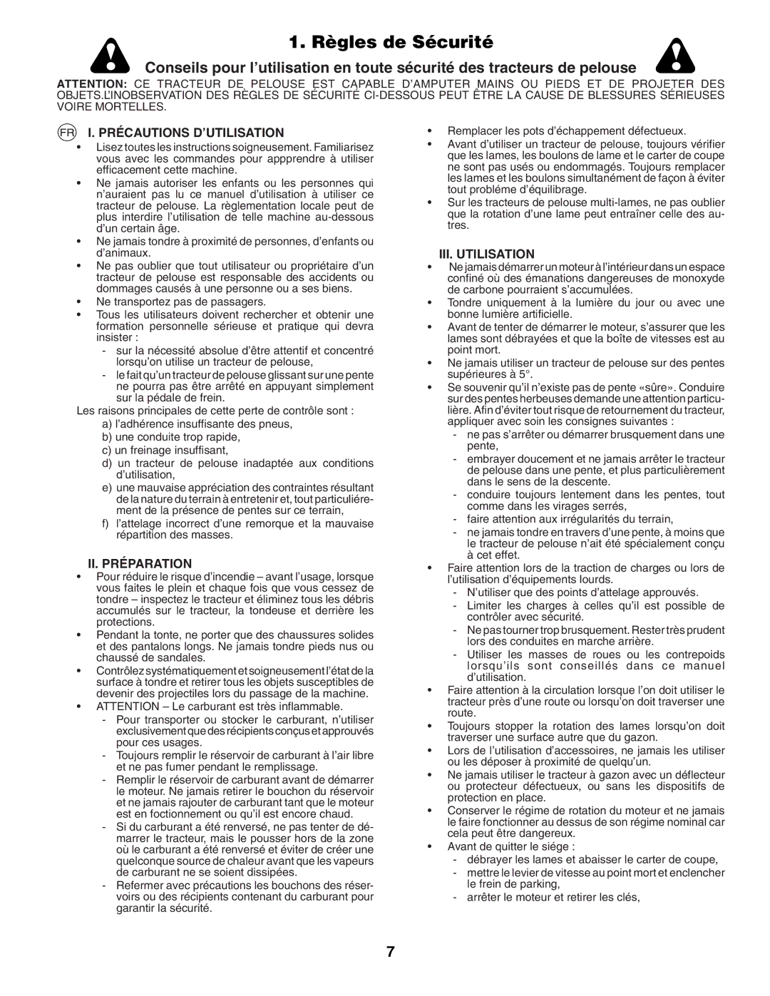 McCulloch LZ145H92RBK, UN145H92RBK Règles de Sécurité, Précautions D’UTILISATION, II. Préparation, III. Utilisation 