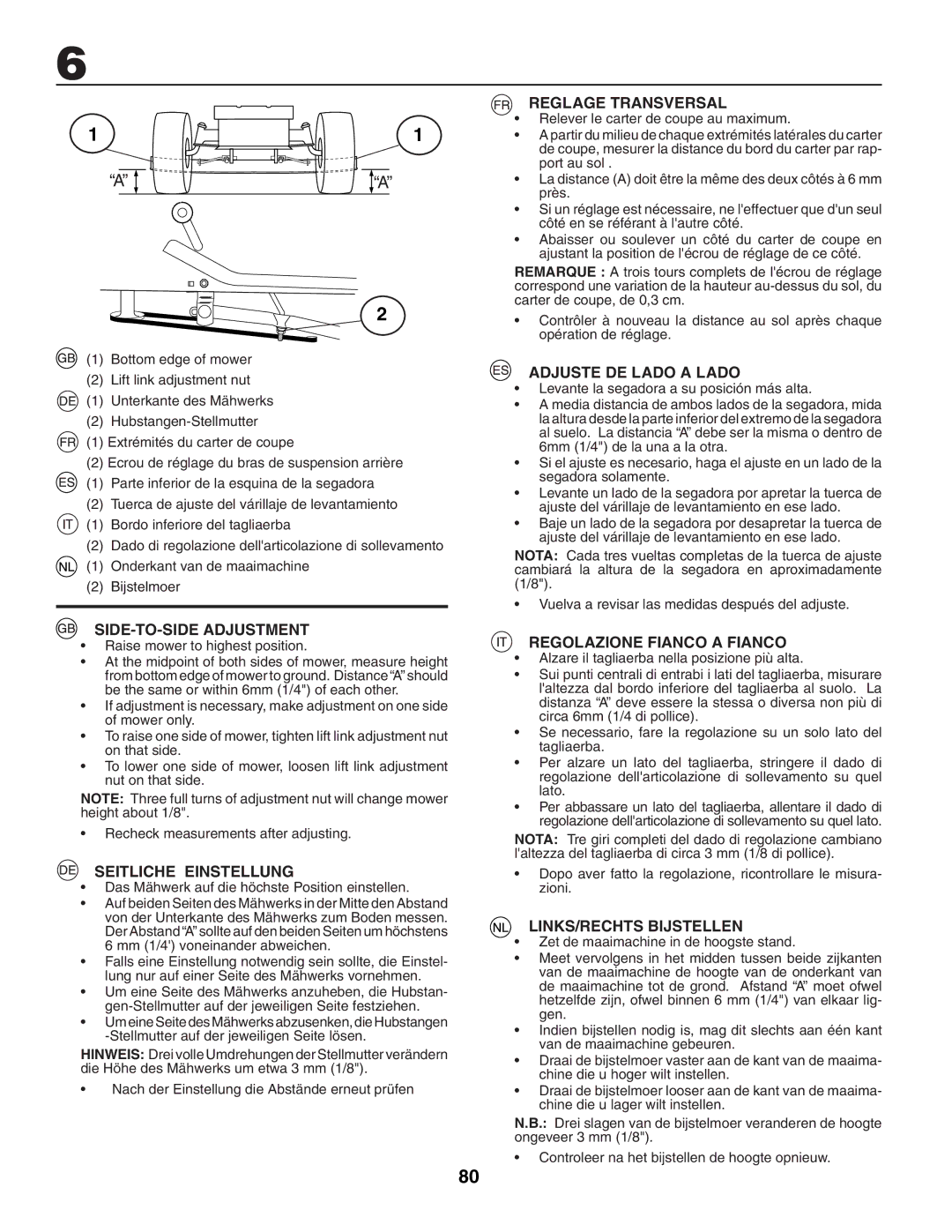 McCulloch UN145H92RBK SIDE-TO-SIDE Adjustment, Seitliche Einstellung, Reglage Transversal, Adjuste DE Lado a Lado 